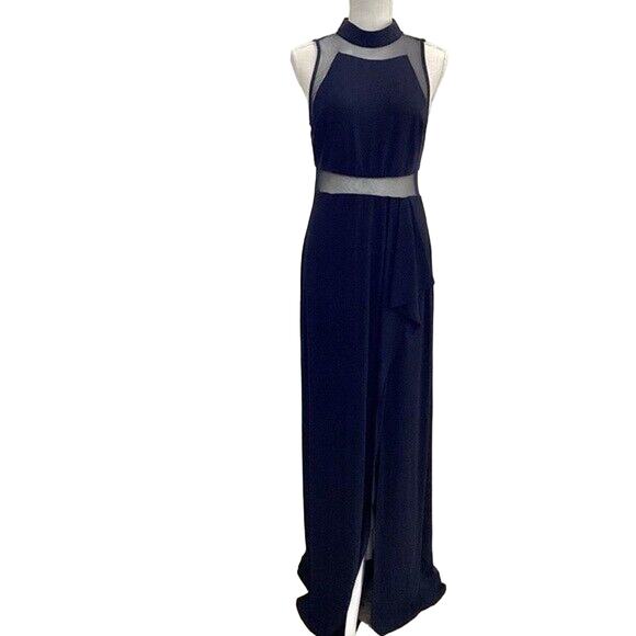 Blondie Nites by Stacy Skylar Navy Sheer Cut Out Slit Prom Evening Gown Sz 9 - Picture 1 of 12